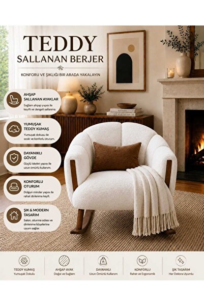 DEKOZUM ALESSA Berjer Ahşap Ayaklı Sallanan Koltuk Salon Balkon Koltuk Teddy ...