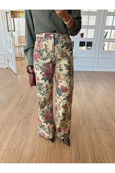 My Blog Pantaloni din denim cu model floral galben-visiniu - 2y251033