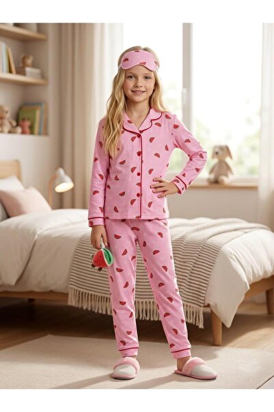 meymers Front Buttoned Pink Watermelon Pattern Girls' Long Sleeved Pajama Set...