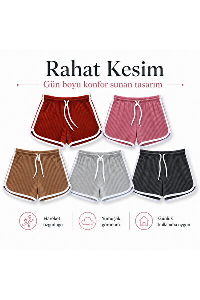 don-x | Kadın Retro Şort Yanları Beyaz Biyeli Şeridli 5 Renk Set ( Kırmızı, P...