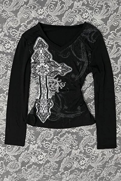 Karakedi Harajuku Cross Motifli Gotik Y2K Uzun Kollu Crop Body