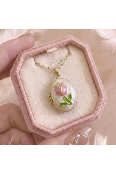 Heda Jewelry Gardenia Locket Kolye - Pembe Lale Figürlü İçi Açılabilir Anı Ko...