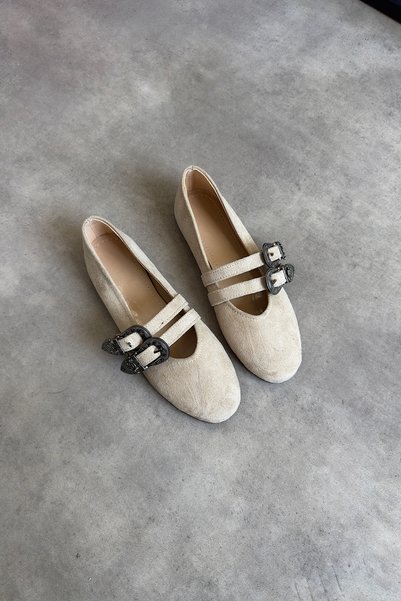 SHOEBELLAS Cere Beige Suede Double Buckle Detailed Women's Ballerinas