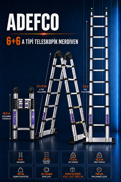 ADEFCO 6+6 Basamak Paslanmaz Çelik Teleskopik Merdiven 5 Metre A Tipi Katlana...