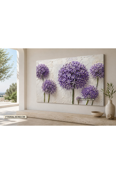 FTRMALZEMECİM PREMİUM Beş Mor Allium Çiçeği Çerçevesiz Kanvas Tablo