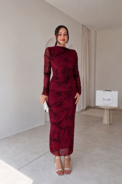 moda poni فستان نسائي باللون العنابي بأكمام طويلة وتفاصيل من القماش اللامع