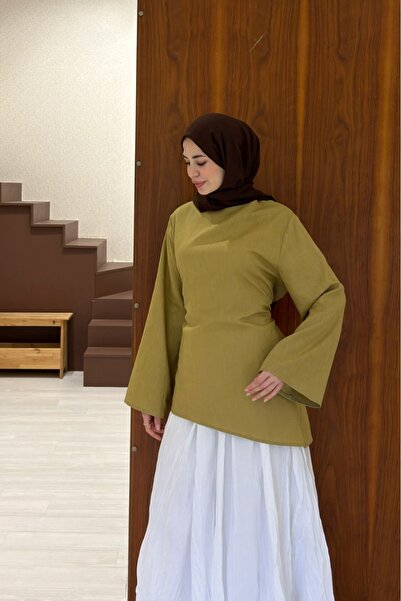 fayaboutique.com Yağ Yeşili Kalina Asimetrik Kesim Keten Bluz