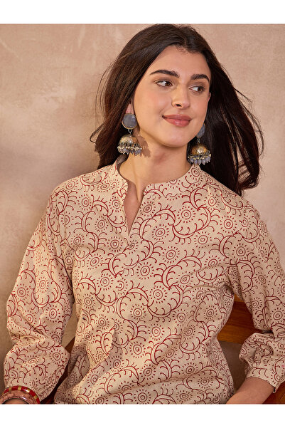 AHIKA By Styli بلوزة قطنية بيج مطبوعة بنقوش عرقية