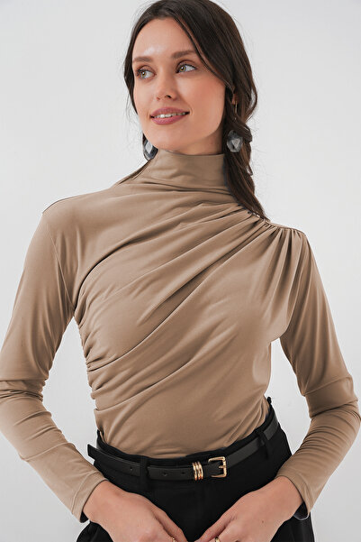 Merterium Women's Gathered Detailed Sandy Blouse 1429 - Beige