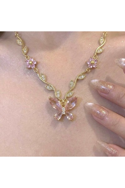 Heda Jewelry قلادة فراشة الأحلام - قلادة بتصميم فراشة وردية من الفولاذ