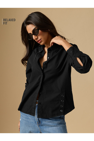 The Souled Store By Styli قميص أسود أنيق بأكمام طويلة وقصة مريحة