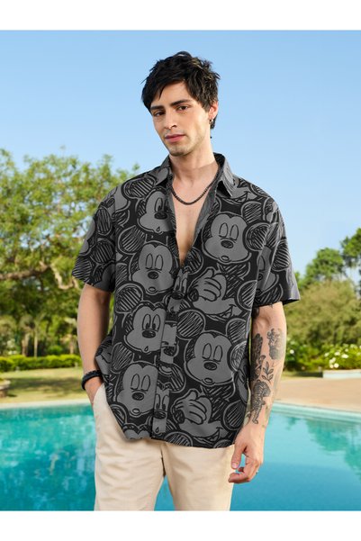 The Souled Store By Styli Men Black Mickey Mouse All-Over Print Spread Collar...