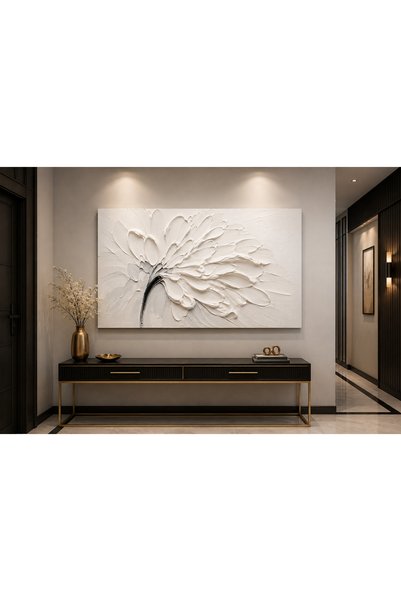 EvimeTablo Beyaz Çiçek Kanvas Tablo – Krem Gri Tonlu Modern Minimalist Yatay ...