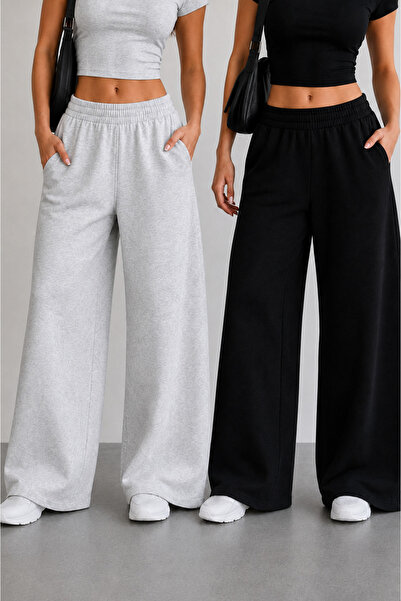 modlux İkili Siyah Gri Kadın Yüksek Bel Sweatpants Set - Bol Paça Esnek Beli ...
