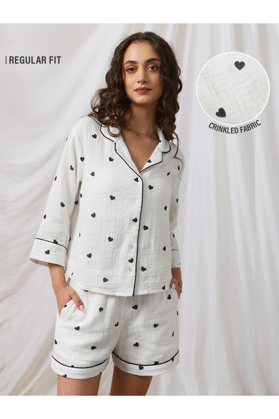 The Souled Store By Styli White Crinkled Heart Print Regular Fit Shirt