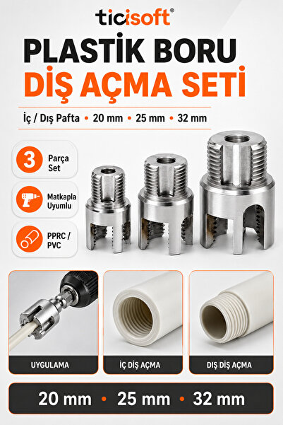 Ticisoft 3’lü PVC PPRC Plastik Boru İç Dış Diş Açma Seti 20 mm 25 mm 32 mm 1/...