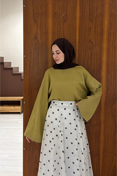 fayaboutique.com Yağ Yeşili Forme Keten Bluz