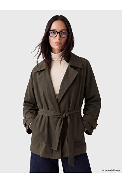 LC Waikiki Haki Kuşaklı Oversize Kadın Gabardin Ceket