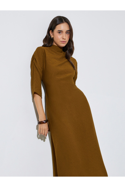Maxim Creation By Styli Bronze Textured A-Line Midi Dress with Long Sleeves