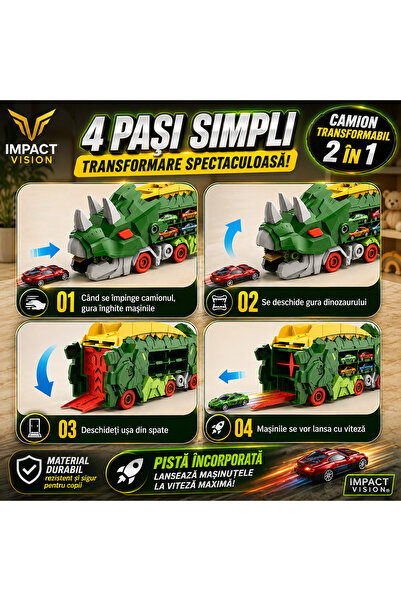 Impact Vision Set Multifunctional Dinozaur 2 in 1, Camion de Transport si Rampa de Lansare cu 2 Masinute, Verde Portocaliu, Impact Vision®️
