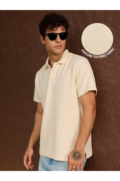 The Souled Store By Styli تي شيرت بولو رجالي بلون كريمي بنسيج مموج