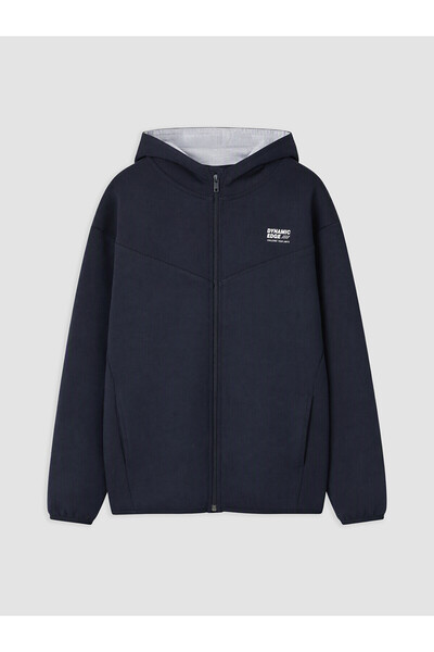 LC Waikiki Lacivert Kapüşonlu Baskılı Erkek Çocuk Fermuarlı Sweatshirt
