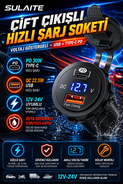 SULAITE Çakmaklık USB Type C Hızlı Şarj Soketi 12V 24V Su Geçirmez Araç Tekne...