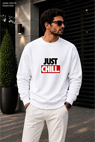 caddekombin Men's Just Chill Slogan Printed Cycling Round Neck Casual Sweatshirt