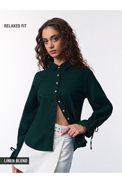 The Souled Store By Styli قميص أخضر بأكمام طويلة وقصة مريحة من مزيج الكتان