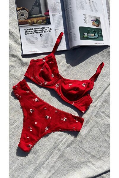 LUNAVEA Women's Red Floral Patterned Bra Panty Set – 2-Piece Underwear Set