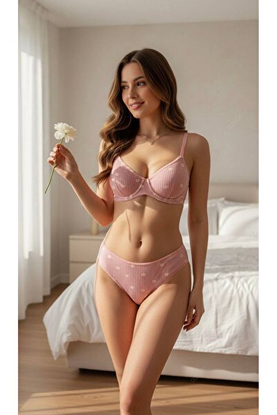 LUNAVEA Women's Pink Floral Patterned Bra Panty Set – Ribbed 2-Piece Underwea...