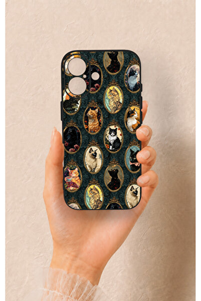 Vip Case iPhone 17 Uyumlu Vintage Kedi Portreleri Desenli Silikon Kılıf