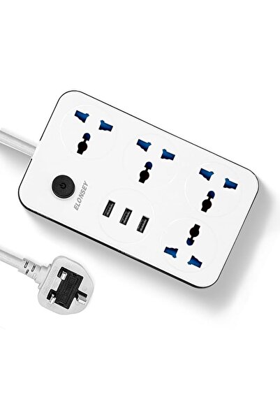 ELONSEY سلك تمديد طاقة عالمي بطول 5 أمتار مع 4 مقابس كهربائية و3 منافذ USB، ش...