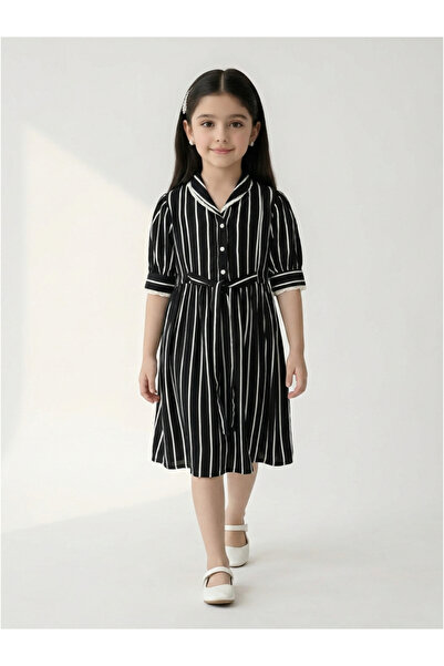 Bella Moda By Styli Girls Striped Cotton Dress with Bow Waist Applique