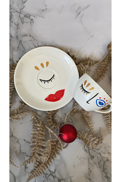 X Design Hand-Painted Cup & Saucer – Abstract Face Design