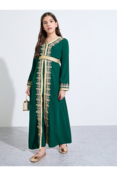 Amirah By Styli Girls Dark Green Embellished V Neck Layered Dress