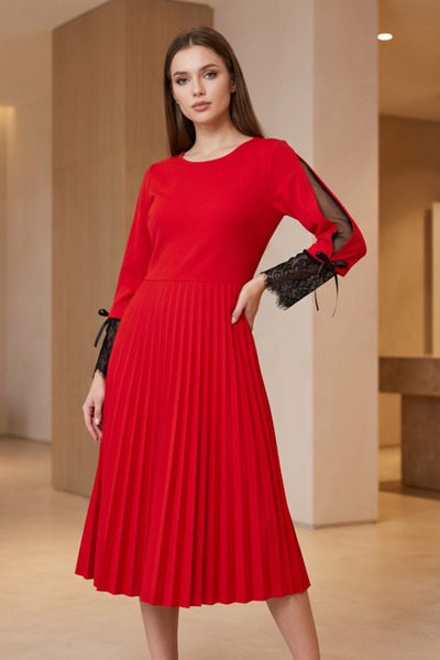 OEM Rochie dama midi plisata cu mansete din dantela si slituri pe maneci deco...