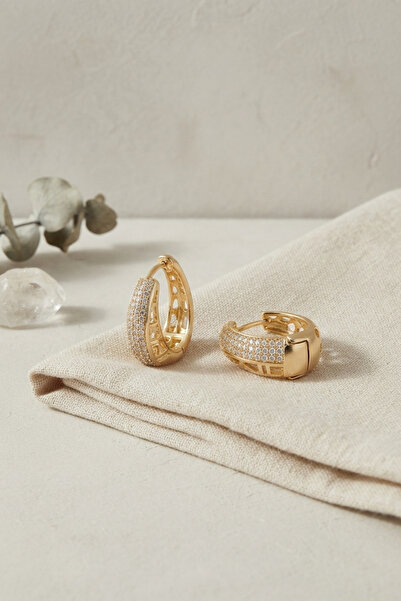 Skygo Gold Color Zircon Stone and Motif Detailed Drop Hoop Model Women's Earr...