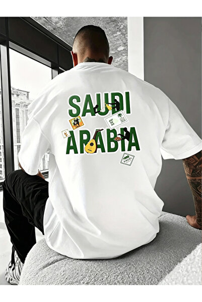 MUZİ Saudi National Day Men and Women's 100% Cotton T-Shirt Printed Round Nec...