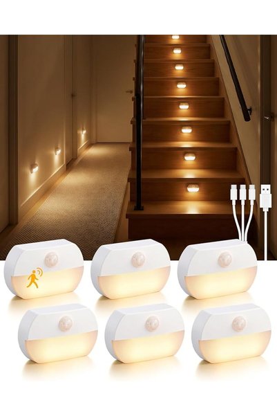 GENERAL أضواء استشعار الحركة القابلة لإعادة الشحن، 6 قطع، أضواء LED داخلية لل...