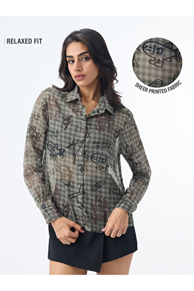 The Souled Store By Styli قميص شير رمادي بنقشة هاوندستوث بأكمام طويلة