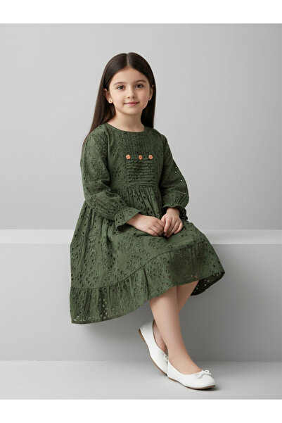 Bella Moda By Styli Schifli Cutwork Dress with Pleated Yoke and Puff Sleeves