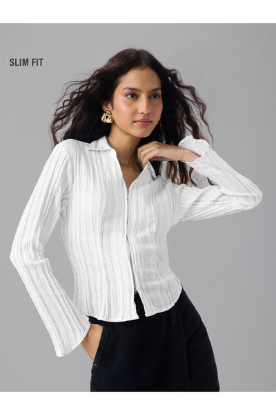 The Souled Store By Styli White Long Sleeve Zipper Shirt