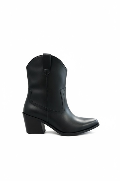 SHOEBELLAS Laka Black Leather Cowboy Detailed Women's Boots