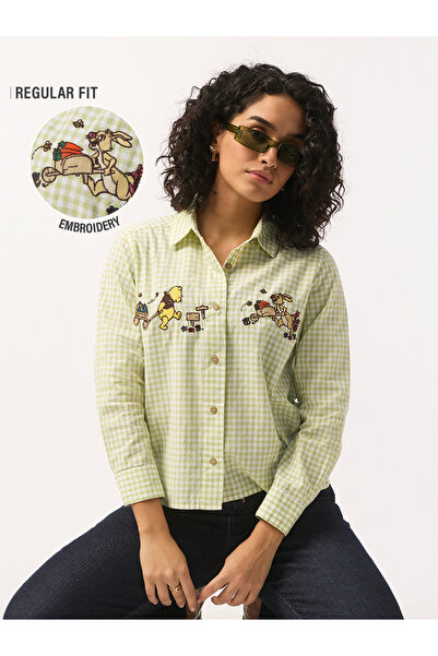 The Souled Store By Styli Green Gingham Pooh and Friends Embroidered Shirt