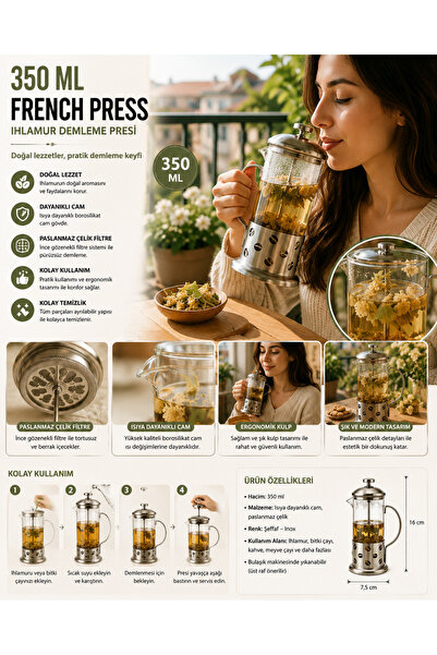 PANOROMA 350 ML French Press – Cam Gövdeli Paslanmaz Çelik Filtreli Kahve ve ...