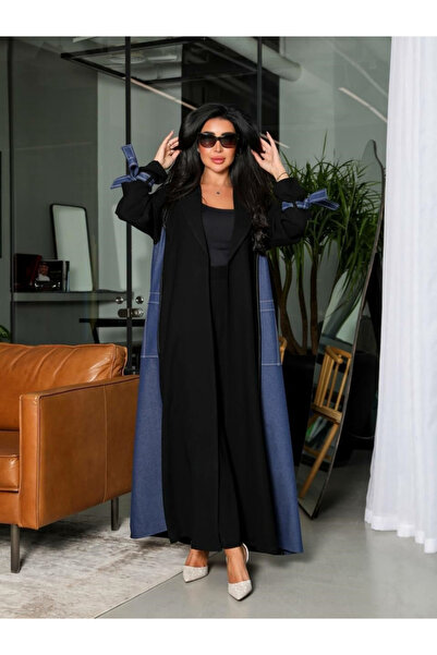 Take Two By Styli Denim Panel Abaya with Tie-Cuff Sleeves