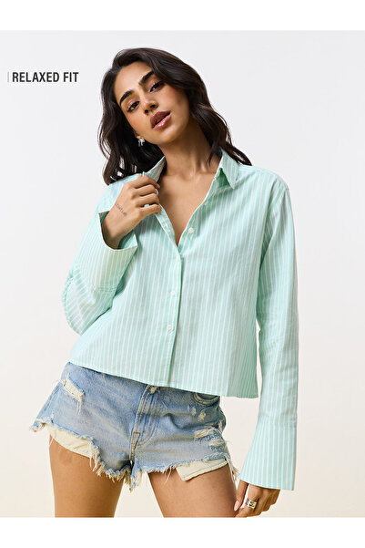 The Souled Store By Styli Mint Green Striped Long Sleeve Relaxed Fit Shirt