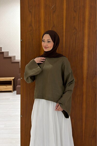 fayaboutique.com Haki Yeşili Forme Keten Bluz