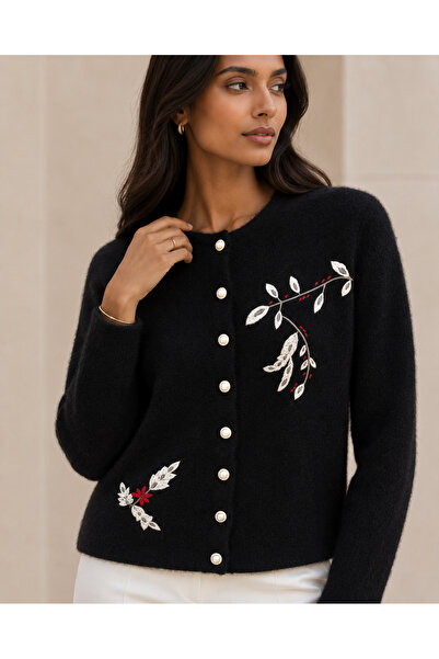 AVSARWEAR Women's Embroidered Pearl Button Soft Cardigan